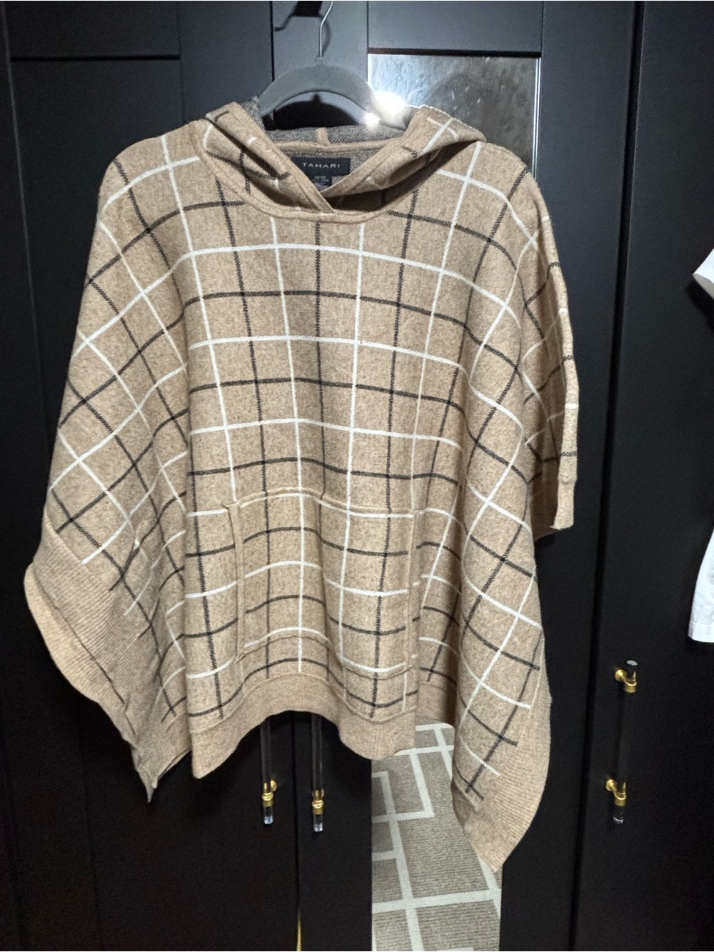 Tahari Tan Windowpane Hooded Poncho